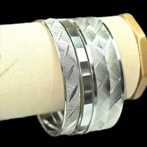 Set of 3 Stackable Vintage Silvertone Bangle Bracelets 2 with Etched Design